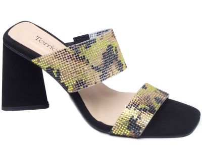 Sand�lia Tamanco Preto Manta De Strass Preto E Ouro Com Base